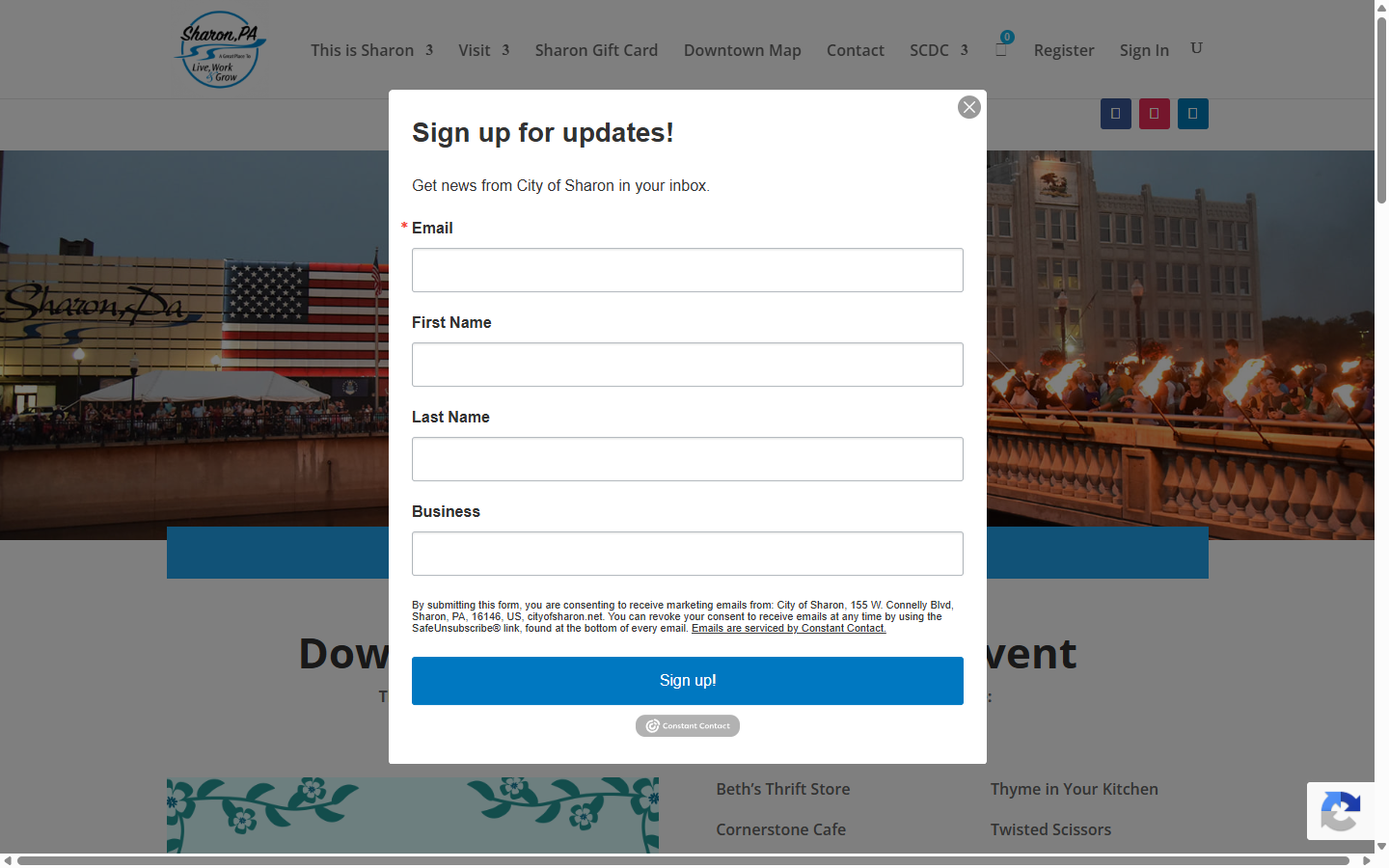 Screenshot of the current SharonPA.com homepage on desktop, showing a full-screen newsletter signup pop-up covering the page content on load.